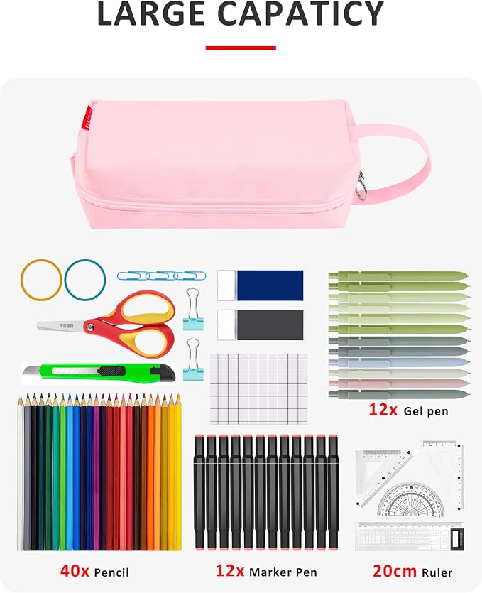 Fmeida Simple Pencil Case Pouch, Office Supplies Gift for Women, Light Pink | Eco-Friendly Fabric, Water-Resistant, Inner Pocket, Carry Handle