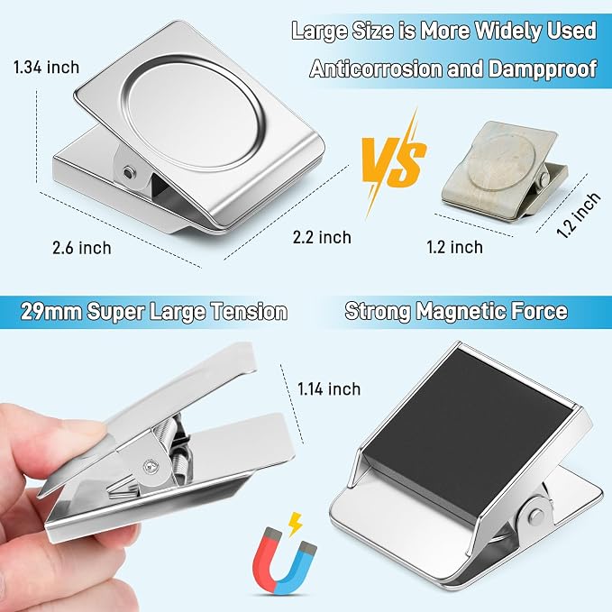 FINDMAG Silver Magnetic Clips, 8 Pack Magnet Clips Heavy Duty for Kitchen | Magnetic Paper Clips, 2.2 Inch Design, Organization Kitchen Accessories, Office, Classroom, Decoration Gifts, Photo Frames