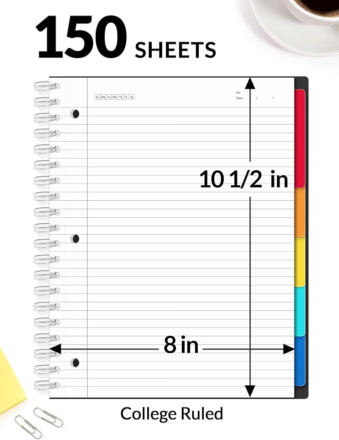 SUNEE Spiral Notebooks for Work with Removable Dividers & Tabs – College Ruled 5 Subject, 300 Pages, 3 Hole Punched, Durable PP Cover, 8"x10.5" – Notebooks for Office or School, Black