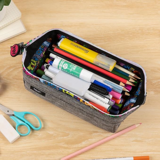 ZIPIT: Lenny Pencil Case - Grey & Doodles - Large Storage Capacity Zipper Pouch, Makeup-Stationery Bag, School, Washable Polyester, Kids-Teens-Adults