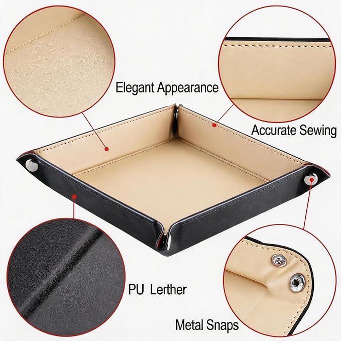 Valet Tray Desktop Storage Organizer – Vegan Leather Catchall Bedside Vanity Tray Nightstand Caddy Holder for Remote Controller, Watch, Keys, Phone, Wallet, Coin, Jewelry, Beige