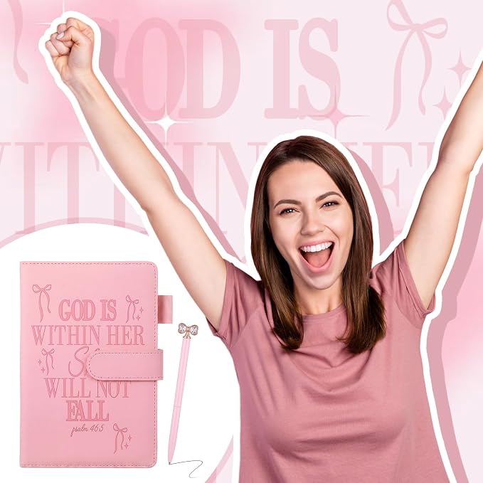 Thenshop 3 Pcs Bible Verse Leather Journal for Women Coquette Bow Christian Journal with Pen & Gift Box God Is Within Her Notebook for Faith Religious Gifts Prayer Bible Study Supplies 5.7×8.4″