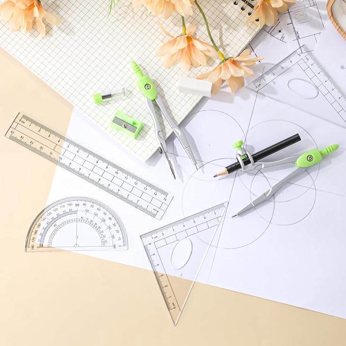 Zonon Math Geometry Set for Students 10 Pcs Compass Geometry Tools Kit Includes Protractor Compass Lead Refills Rulers Pencil Sharpener Eraser Pencil Storage Box for Drafting and Drawings(Green)