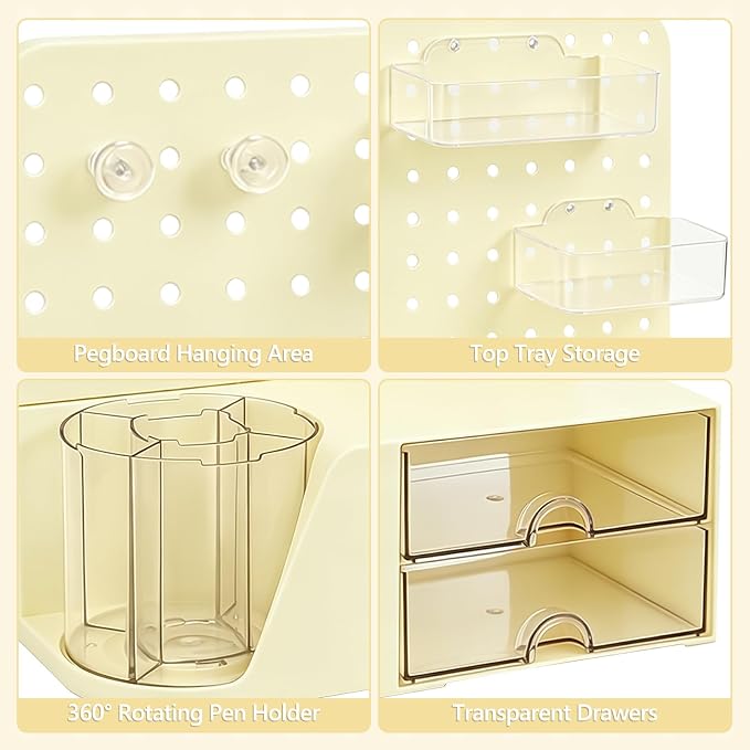 Desk Organizer with 360° Rotating Pen Holder, 5 Slots, 2 Drawers & Pegboard for Office School Art Supplies (Cream)