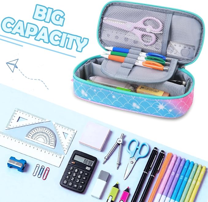 RHCPFOVR Kids Pencil Case for Girls-Soft Zipper Large Capacity Pencil Pouch for Girls Pencil Case for School Pencil Bag for Toddler (Blue Mermaid Scale)