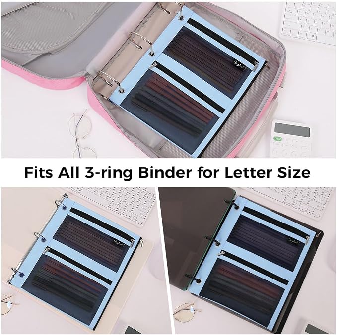 SKYDUE 3 Ring Pencil Pouch for Binder, Zipper Binder Pencil Pouch with 3 Pockets and Mesh Window, Durable Organizer for School Supplies, Cables, Earbuds, Makeup