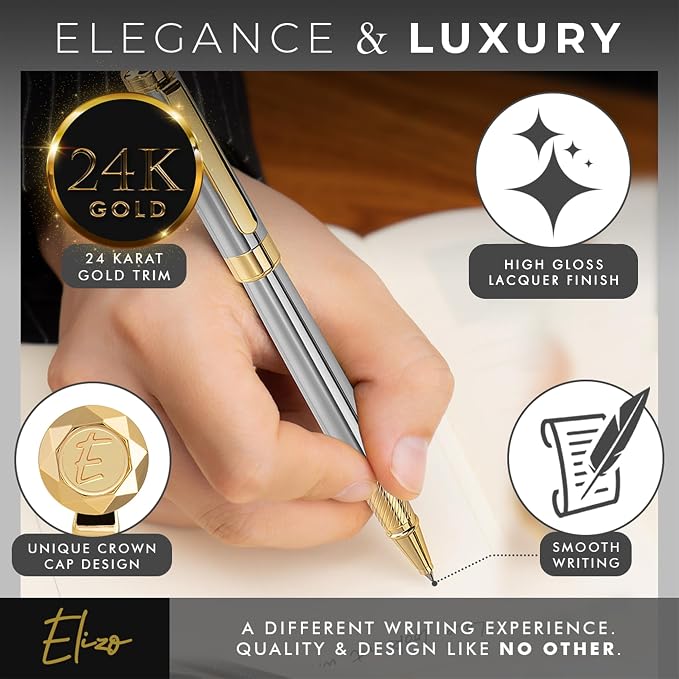 ELIZO Luxury Rollerball Pen & 2-Layer Leather Desk Mat Bundle – 24K Gold Trim Executive Pen with Schmidt Ink & Large 3mm Desk Pad Blotter for Office, Keyboard & Laptop