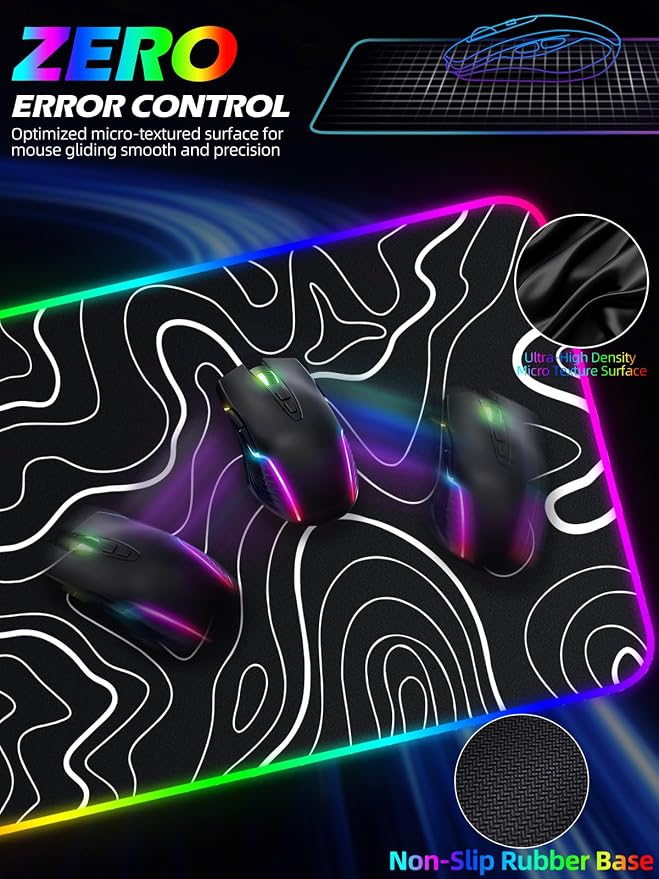 XXL Mouse Pad with Phone Holder - Black, RGB Desk Mat with 15W Fast Charging, LED Gaming Mousepad with 11 Light Colors, Waterproof Non-Slip Pad for Office & Home (Topographic)