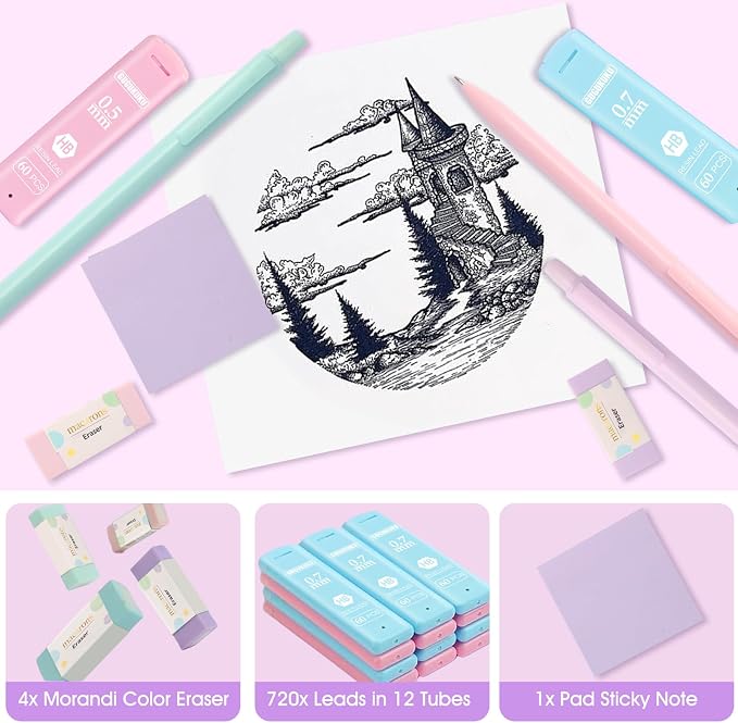 Aesthetic School Supplies with Cute Pencil Case, 12x Pastel Mechanical Pencils 0.5 & 0.7mm with 720x HB Leads, 4x Erasers and 1x Sticky Note, Suitable for Writing, Drafting Drawing Sketching(purple)