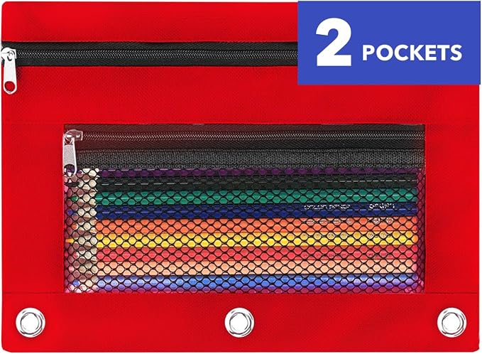 Pencil Pouch for 3 Ring Binder - 3 Hole Zipper Pen Case Bag Holder Bulk Accessories Clear Window Aesthetic Organizer Pockets (Red)