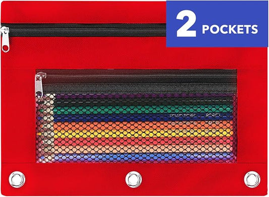 Pencil Pouch for 3 Ring Binder - 3 Hole Zipper Pen Case Bag Holder Bulk Accessories Clear Window Aesthetic Organizer Pockets (Red)