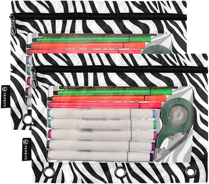 Zebra Print Pencil Pouch Fits standard 3-ring binders, Zipper Binder Pencil Bag with Clear Window for Class Office 2 Pack