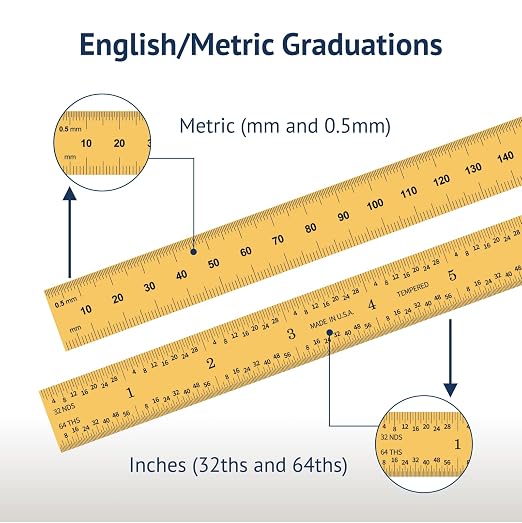PEC Tools 12"/300mm Rigid Metal Ruler, Titanium Nitride (TiN) Coated Machinist Ruler, E&M Graduation (1/32", 1/64", 0.5mm, 1.0mm), 1" Wide and 0.040" Thick, High Wear Resistance, Made in USA