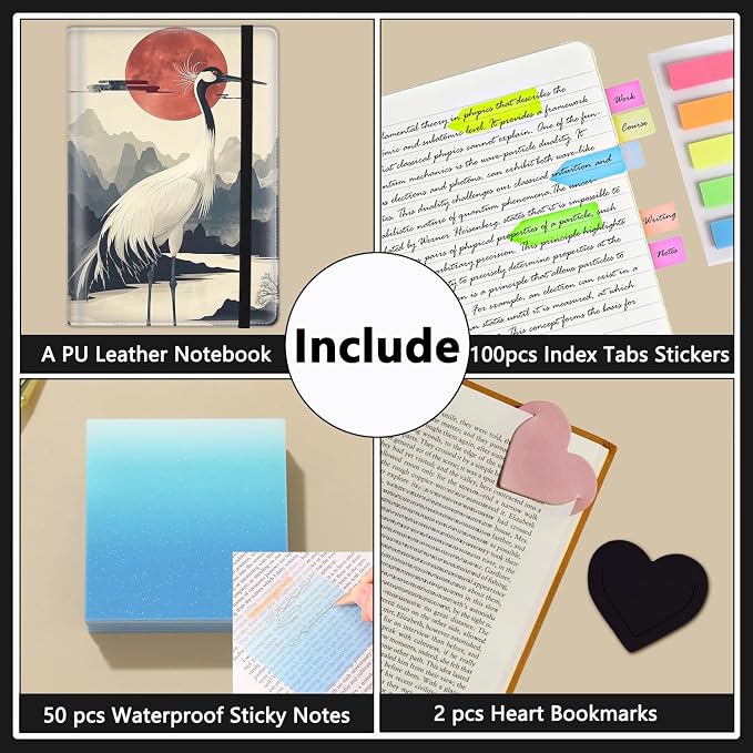 A5 Leather Lined Journal Notebook, 200 Pages Hardcover Executive Notebook for Men Women Office School Note Taking, Thick Writing Paper Daily Journal with Bookmarks/Indexes,Watercolor Crane