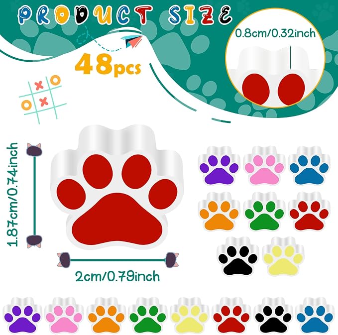 Weecent 48 Pcs Paw Erasers 8 Colors Paw Print Erasers Dog Birthday Party Favors Cat Party Gifts Welcome Back to School Supplies