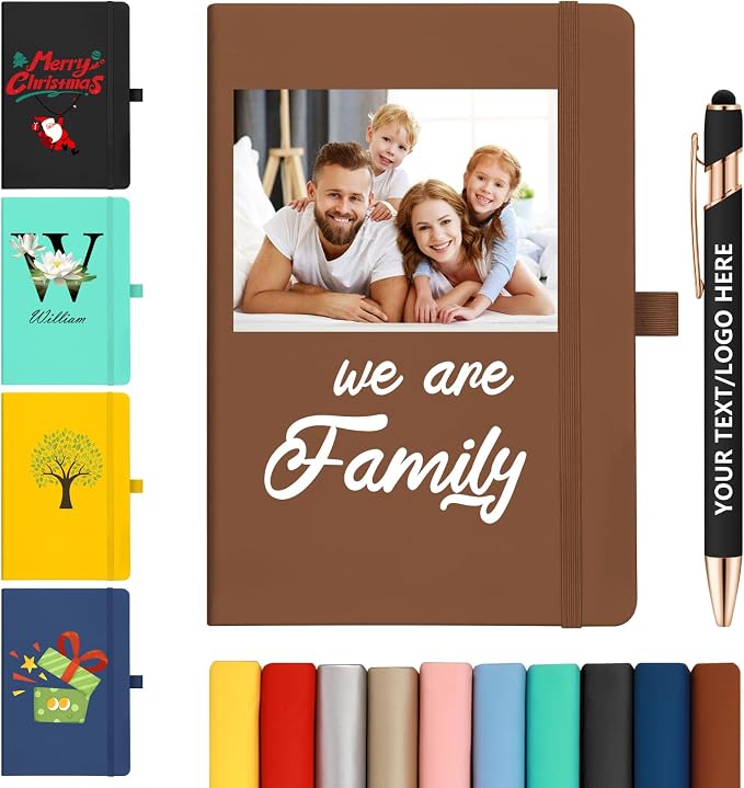 ENOMY Personalized Notebook &10 PC Pens Set A5 Journal Hardcover Custom Notebook 200 Lined Pages Business Notebook with Pen Holder for Holiday College Birthday Business Gift, Brown