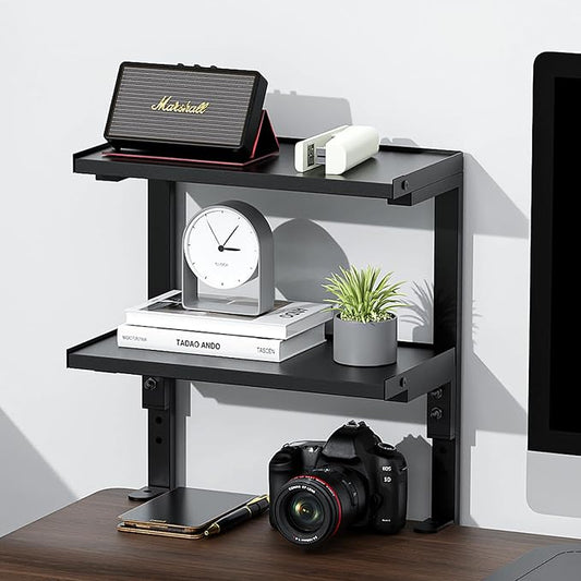 2-Tier Desk Shelf, Black | Desk Organization Expandable Clamp on Desk Shelf Desktop Accessories for Offices and Game Rooms