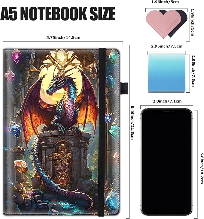 Hardcover Executive Notebooks, A5 PU Leather Lined Journal Notebook, 200 Pages Thick Paper Subject Notebooks for School,Work,Home Writing Business Notebook, Diary Book, Dragon and Gemstone