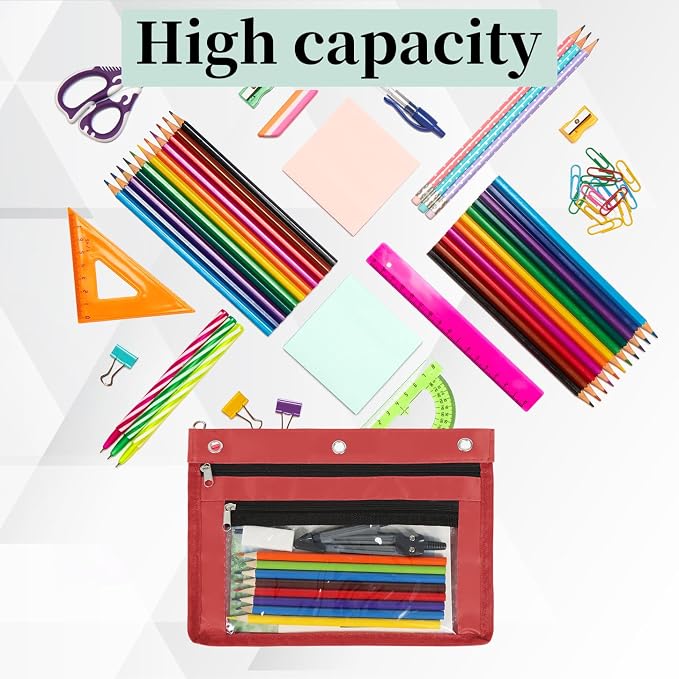 YoeeJob 2 Pack 1 Inch Expandable Zipper Pencil Pouches with Clear Window for 3 Ring Binder, Suitable for School & Office（Red）