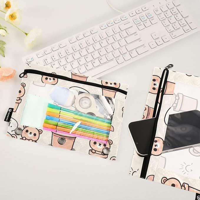 ALAZA Cute Teddy Bear Brown Pencil Pouch for 3 Ring Binder 2 Pack Zipper Binder Pencil Bag Case with Clear Window Office Supplies