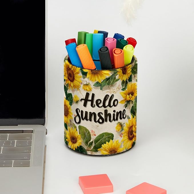 Sunflower Leather Pen Holder for Desk, Multifunctional Desktop Organizer Pencil Cup, Desktop Caddy Stationery Organizer for School Home Office Desk Accessories
