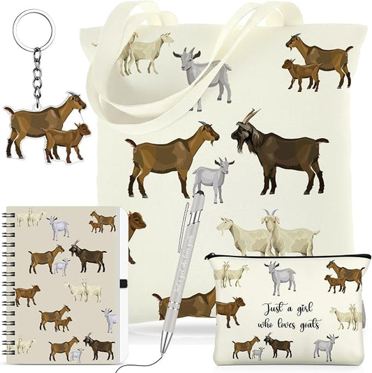 Kinlop 5 Pcs Goats Lover Gifts for Women Include Just a Girl Who Loves Goats Tote Bag Canvas Cosmetic Bag Coil Notebook Keychain and Ballpoint Pen for Women Girls