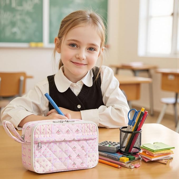 WOBAGMEN Quilted Pencil Pouch for Girls Women, Large Pencil Case Pouch with Compartments Cute Aesthetic Pencil Case Organizer, Floral Pencil Bag for School Supplies (pink pin)