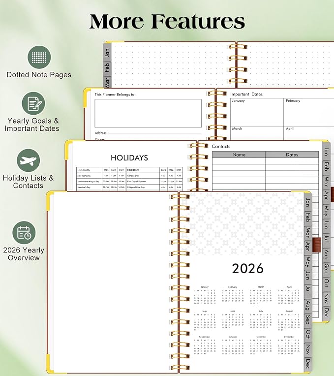 2026 Planner, Hardcover Leather Weekly and Monthly Planner, January 2026 - December 2026, Spiral Yearly Agenda Organizer Book 2026 with Tabs, Daily Calendar Planners for School Work Home, A5 (5.75" x 8.38"), Brown