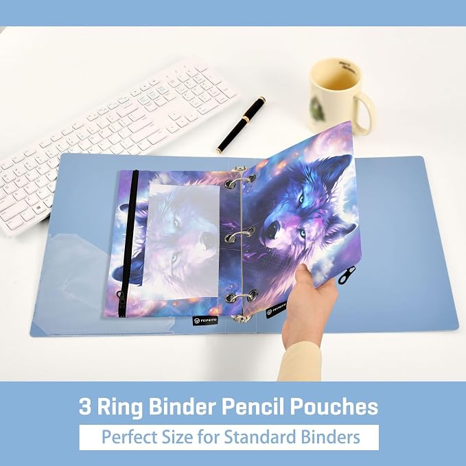 Space Wolf Binder Pouches 3 Ring for Boys Girls School Office College Supplies Moon Planet Galaxy Dog Pencil Pouches Case Bag with Clear Window and Zipper 2 Pack