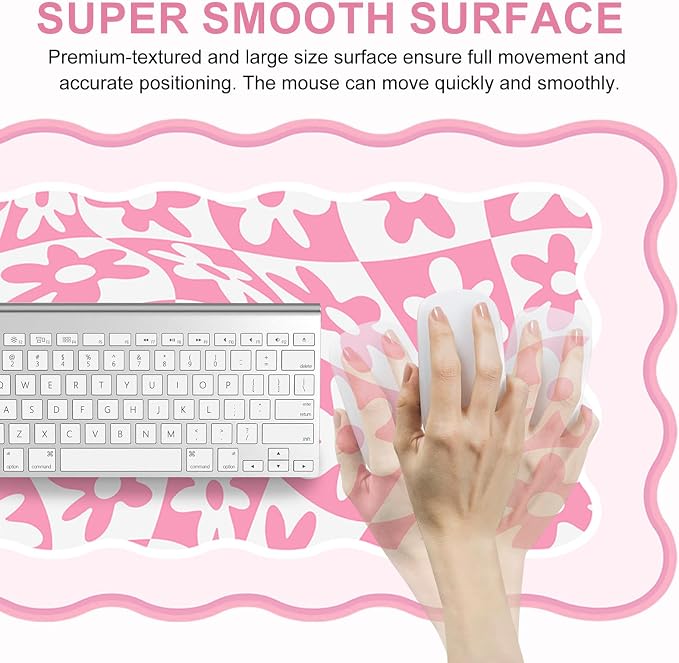 L-SPOUTTO Pink Mouse Pad,Scalloped Desk Mat Daisy XXL Large Gaming Mousepad | 35.4x15.7in Non-Slip Rubber Base Keyboard Pad Waterproof Desktop Mat for Laptop Computer Work Game Home Office