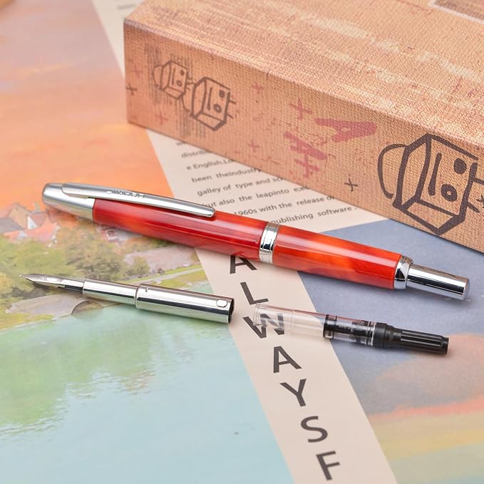 Jinhao 10 Press Fountain Pen with Box, Volcanic Red Retractable Medium Nib with Ink Converter Set (Silver Clip)