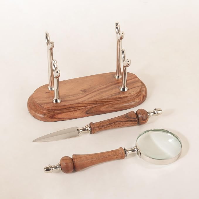 Set with Magnifying Glass and Letter Opener, Silver Brown Wood Office Desk Accessories, Decorative Home Office Decor, Professional Business Gift (Silver Brown Oval)