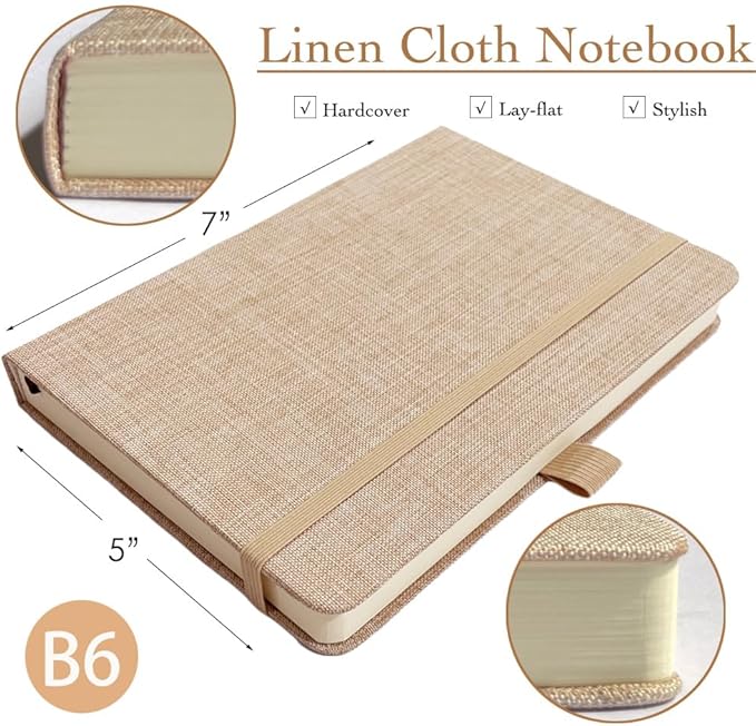Linen Notebook, College Ruled, Hardcover, Lay Flat, B6, Small, 5x7, Thick, 100gsm, Pink, Journal for Writing