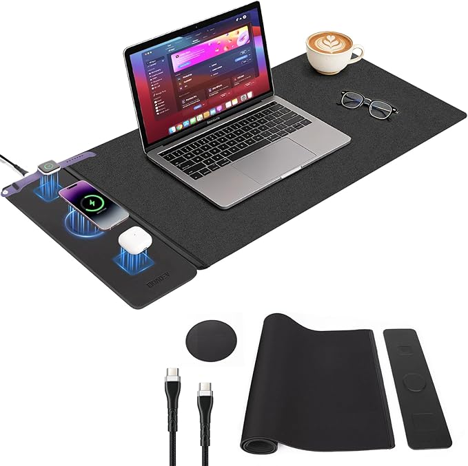Wireless Charging Mouse Pad with 2nd Gen Tech, 3-in-1 25W Fast Charger, Replaceable Rubber & Microfiber Leather Desk Mat, Large Waterproof Desk Pad for Office & Gaming