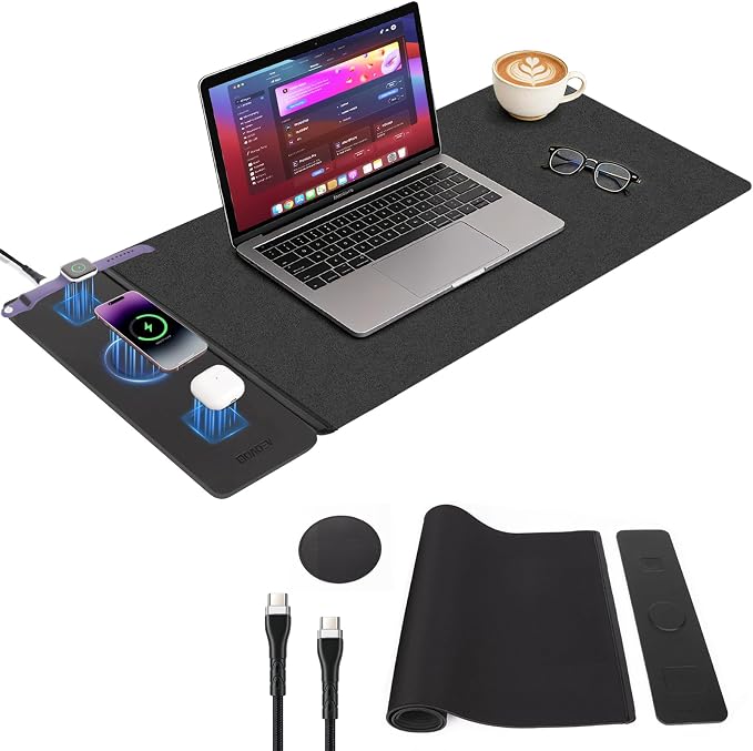 2nd Gen 3-in-1 Wireless Fast Charging Mouse Pad, 35.43"×15.75" Large Waterproof Desk Mat, Magnetic Detachable Panel, Jacquard Fabric Rubber Base, for Office & Gaming