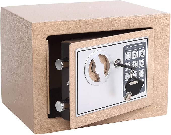Yuanshikj Small Steel Security Safe Box with Keypad,Key;0.23 Cu Ft, Gold | Electronic Digital Secure,9.1" W x 6.7" D x 6.7" H,Hidden for Home Dorm Apartment Hotel Office Cash Jewelry Storage