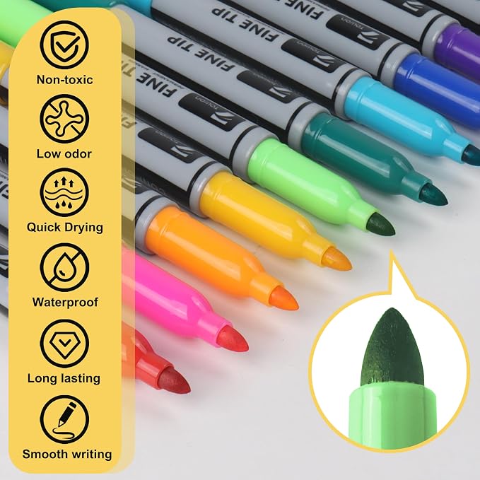 TOWON 12 Permanent Markers - Assorted Colors Drawing Marker Pens Set, Waterproof Quick Drying Fine Tip Colored Artists Markers for Adults Coloring