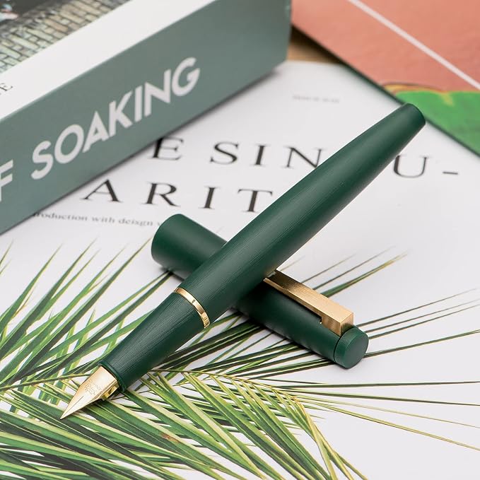 Jinhao 80 Dark Green Fiber Brushed Fountain Pen, Iridium Ultra Fine Gold Nib with Ink Converter, Classic Design Smooth Writing Pen (Gold Clip)