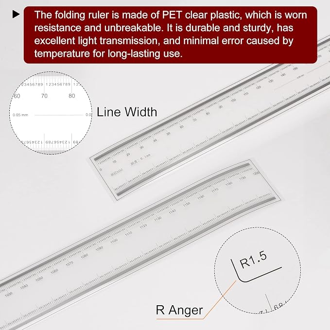 HARFINGTON Film Flexible Ruler 120cm 0.1mm Scale with R Angle & Width Lines PET Plastic Folding Straight Ruler Calibration Soft Ruler Measuring Tool for Factory, Transparent