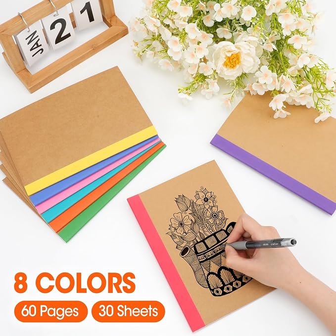 YesBes 64 Pack Composition Notebooks Bulk, A5 Kraft Cover Lined Journaling Notebooks, 8.3”x 5.5” Travel Notebook for School Office Students Artists, 8 Colors 60 Pages