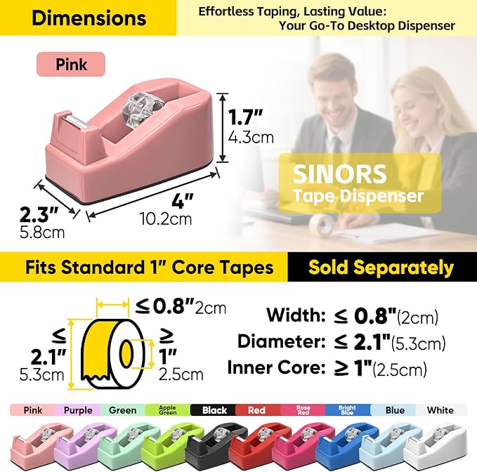 Desktop Office Tape Dispenser, Fits Standard 1-Inch Core Tapes, Weighted Non-Slip Base, Sharp Metal Blade, Smooth Cutting, Adhesive Roll Holder for Office, School, Shop, Home & Business - Pink