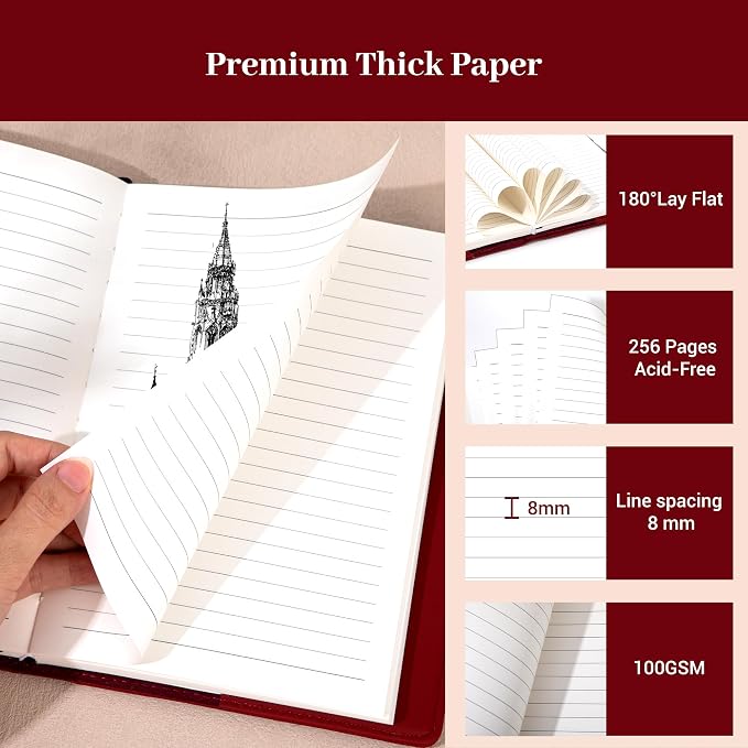 CAGIE Lined Journals for Writing, Two-Toned Hardcover Journal Notebook for Women, 256 Pages A5 Journal with 100GSM Thick Paper for Work Note Taking Diary, Refillable Design,8.6 x 5.7 Inch, Red | 256 Pages, 100gsm Thick Paper, Refillable, Two-Toned Hard...
