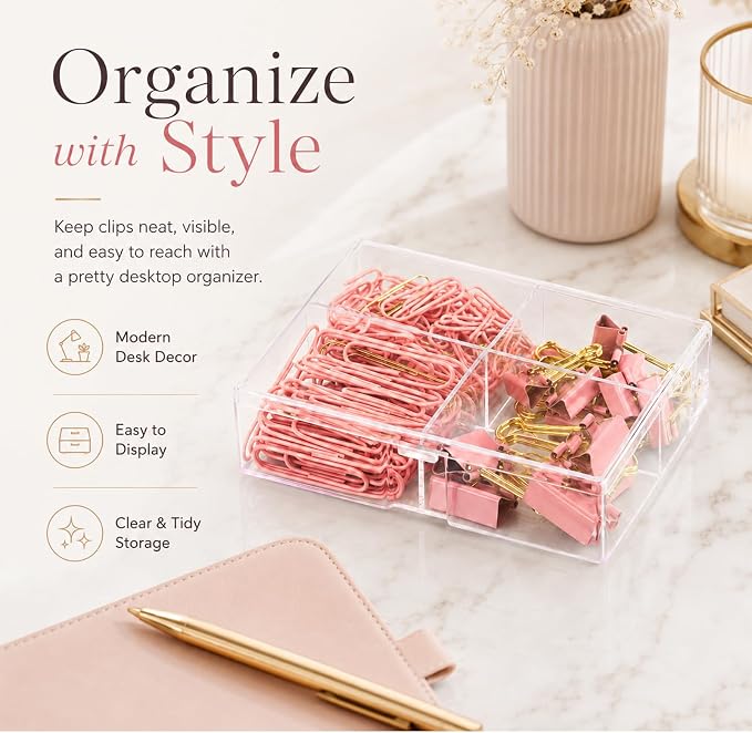 Pink and Gold Paper Clips Binder Clips Set with Storage Box, 165 Psc, Assorted Size Decorative Office Clips, Cute Desk Accessories for School, Home Office, Planner, Journal and Documents