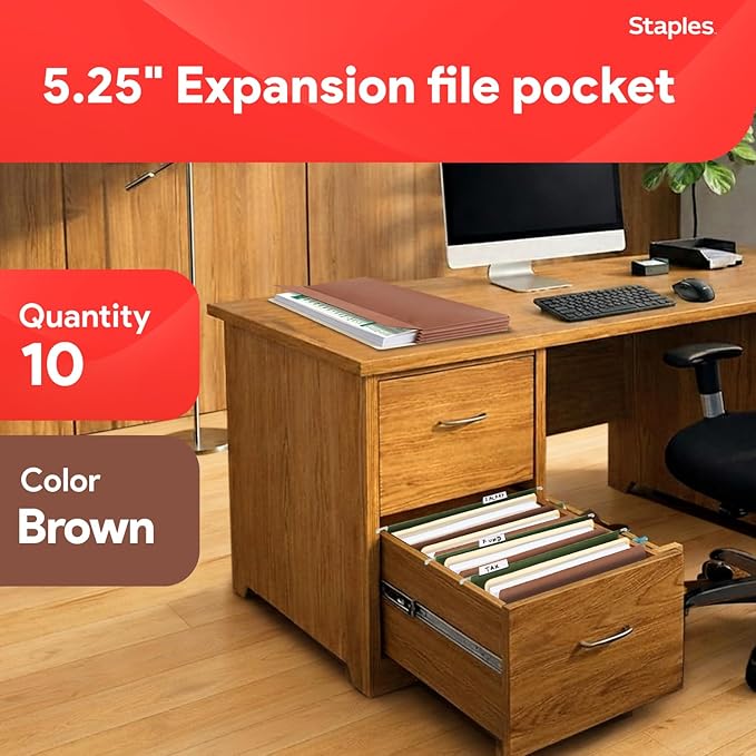 Staples Reinforced File Pockets, Letter Size, Expands Up to 5.25", Heavy‑Duty Brown Accordion Folders with Strong Gussets – 10/Pack