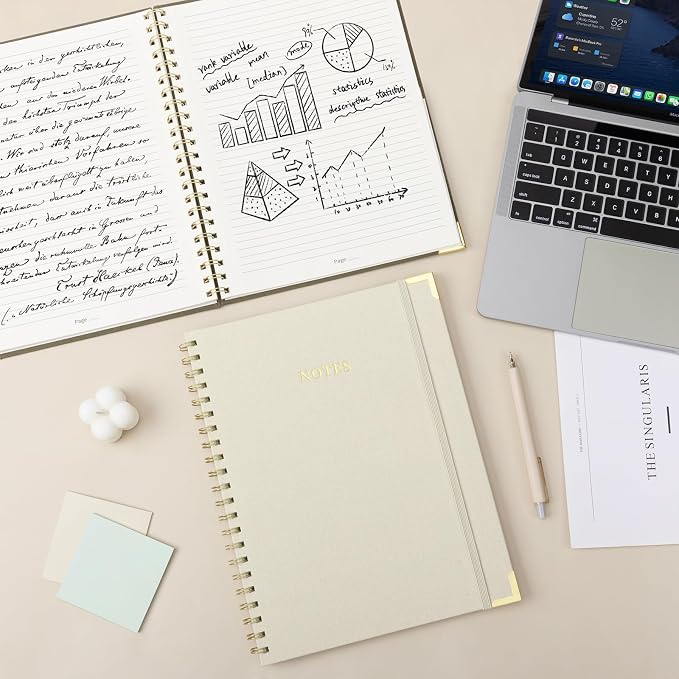 A4(8.5×11'' ) Large Spiral Notebook Journal, 100 Pages 50 Sheets Linen Hardcover College Ruled Journaling For Work & Note Taking Thick Spiral Journal For Writing Daily Journal For Women & Men - White