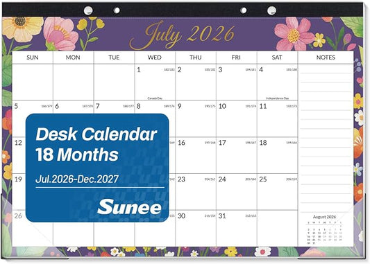 SUNEE Desk Calendar 2026-2027 17" x 12", 18 Month Calendar Jul. 2026 - Dec. 2027, Calendar 2026-2027 With Notes, for Planning, Organizing in Family, School or Office - Colorful Floral