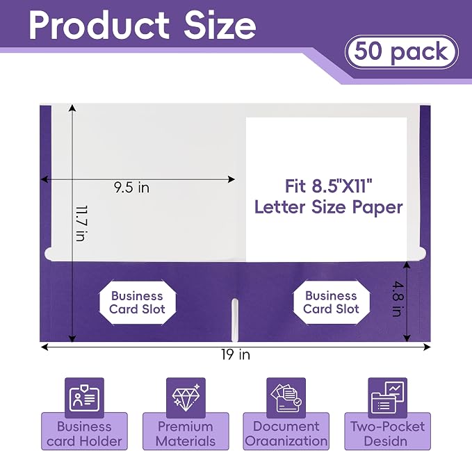 VZCPYTPM 50 Pack Purple Folders with Pockets,2 Pocket File Folders for Letter Size (8.5 x 11 Inch),Professional Design with Business Card Slot for Office and School Organization