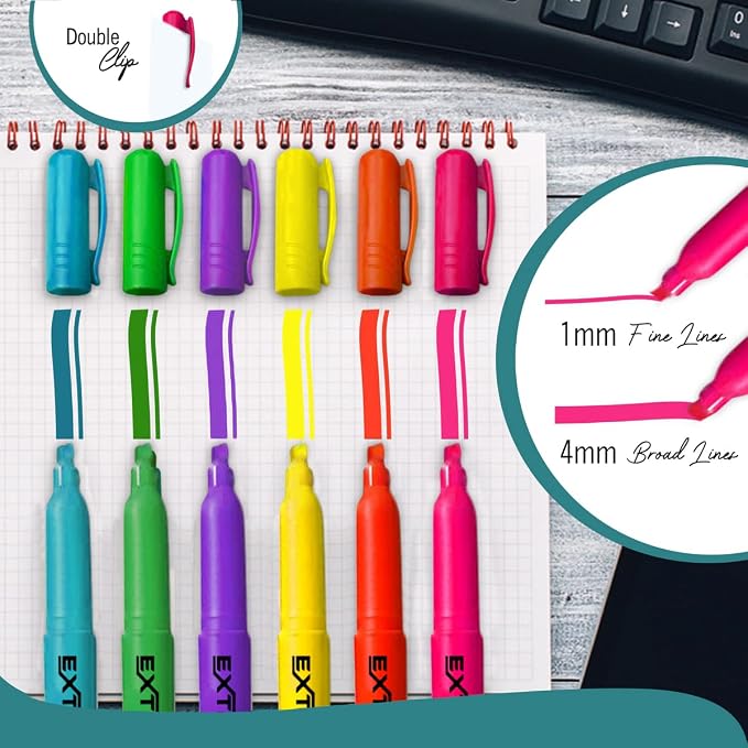 EXTRIC 24 Pack Highlighters, 6 Assorted Colors Fluorescent, Quick Dry, Pen Style Chisel Tip highlighter marker, Smudge Free, Pocket Size