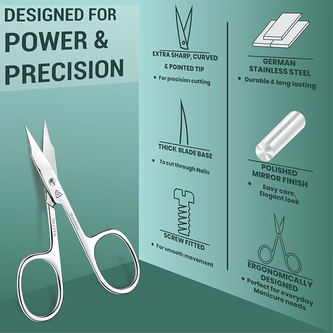 SILLVER Nail Scissors Curved for Nail Tips - Stainless Steel Nail & Cuticle Scissors for Manicure & Pedicure - Professional Grooming Scissors for Mustache, Beard & Dry Skin - Manicure scissors