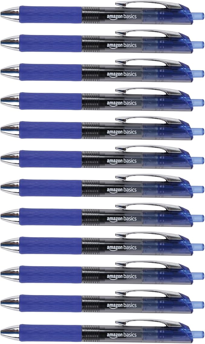 Amazon Basics Retractable Gel Pens, Fine Point 0.7mm, Smooth Writing, No-Smear Ink, Blue, 12-Pack